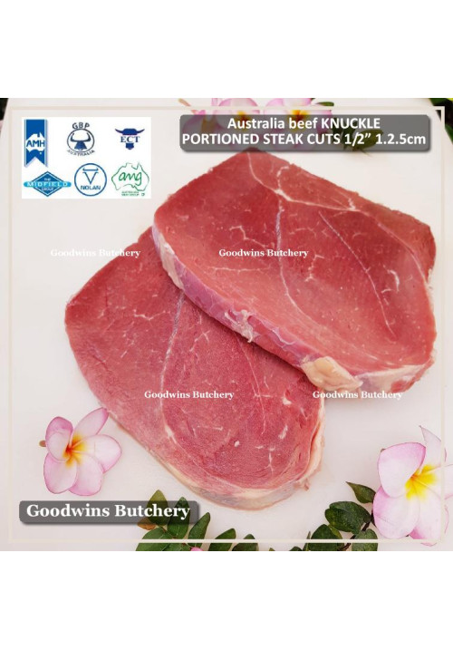 Beef KNUCKLE frozen daging paha rendang Australia PORTIONED STEAK CUTS 1.25cm 1/2" (price/pack 1kg 2-3pcs)